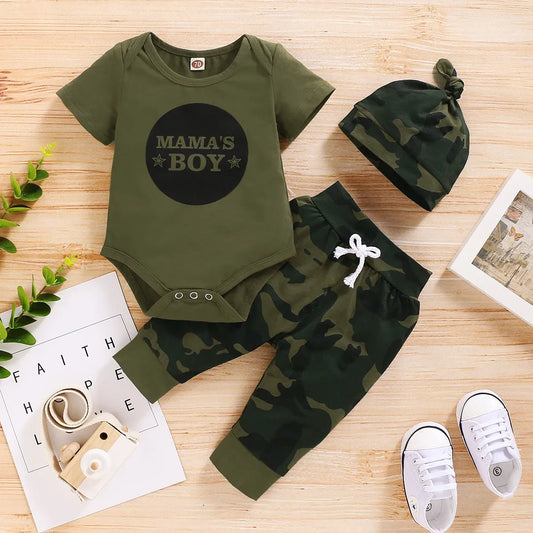 0 - 18 Months Newborn Baby Boy Baby Girl Clothes Set Letter Print Short Sleeve Bodysuit + Camouflage Pants + Headband Outfit - MAGUSTA BEAUTY