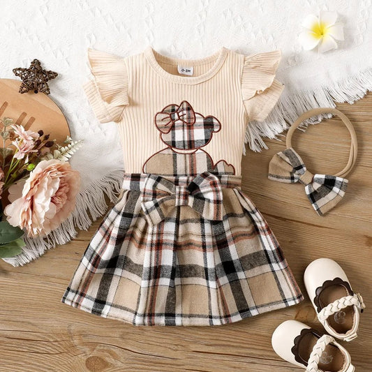 0 - 18 Months Summer New Baby Girl Bear Print Lace Sleeves Plaid Short Skirt Set Plus Hairband Three - piece Set - MAGUSTA BEAUTY