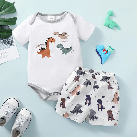 0 - 24 Months Toddler Baby Boy 2PCS Suit Set Cartoon Dinosaur Short Sleeve Bodysuit+ Shorts Fashion Cute Soft Newborn Summer Wear - MAGUSTA BEAUTY