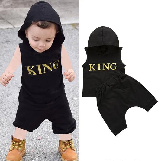 0 - 36M Baby Boys Clothes Set Letter King Print Hoodie For Boys Solid Black Sleeveless Sweatshirt Boys Pants Outfits Baby Boy Set - MAGUSTA BEAUTY