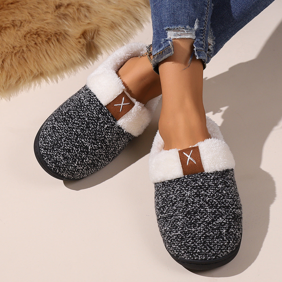 Winter Plush Slippers Fashion Thick Bottom Warm House Shoes For Women Men Indoor Bedroom Floor Slipper