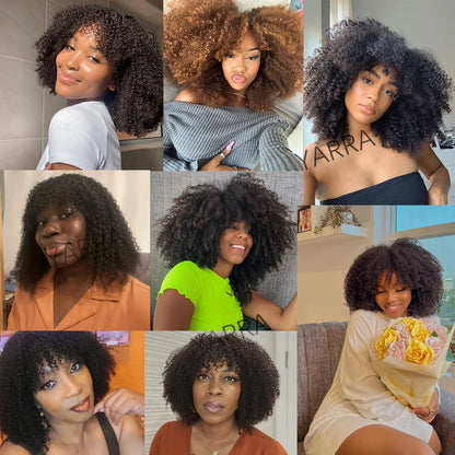 180% Density Afro Kinky Curly Human Hair Wigs With Bangs For Black Women Brazilian 100% Human Hair Remy Full Machine Made Hair