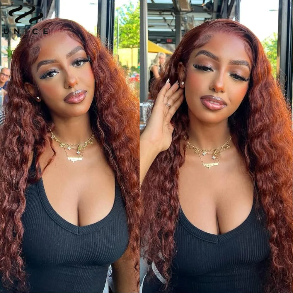 UNice Hair Reddish Brown Water Wave Wig 7x5 13x4 Human Hair Lace Frontal Wig Pre Cut Pre Bleached Glueless Wig Ready To Wear Go