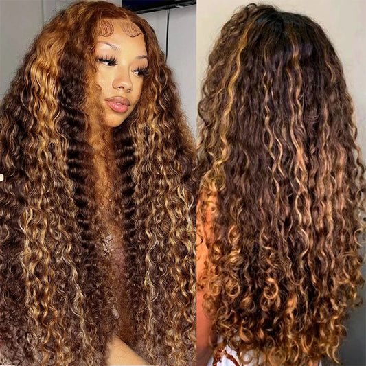 Deep Curly Highlight Wig Human Hair Wig 13X6 HD Transparent Lace Frontal Wig Colored Human Hair Wigs 4x4 Lace Closure Wig