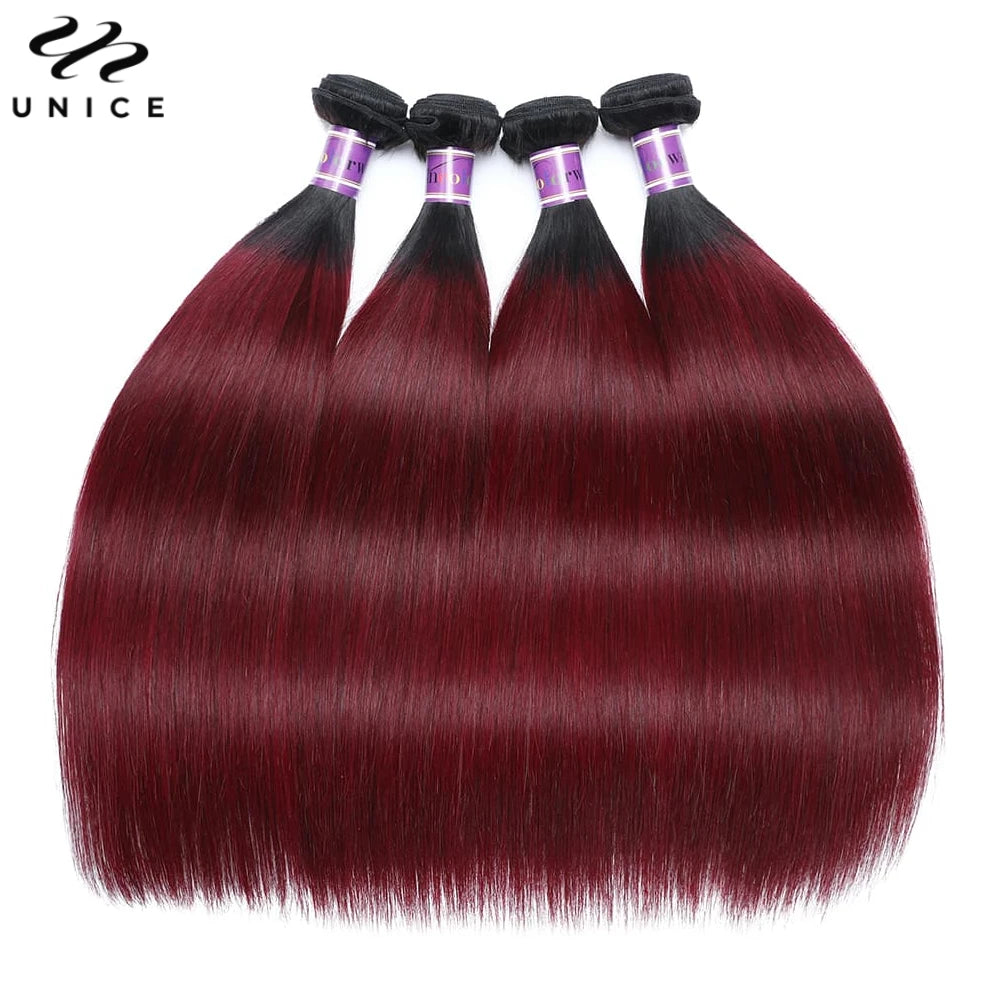 UNICE Hair Ombre Burgundy Straight Human Hair Bundles 3/4 PCS Deal Pre Colored 1B/99J Hair Bundles With Dark Root 8-30 Inch