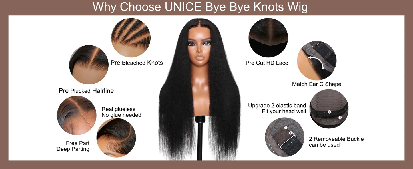 UNice Hair Pre Everything 13x4 Lace Frontal Wig Human Hair Yaki Straight Wear Go Glueless Wig Pre Bleached 7x5 Lace Closure Wig