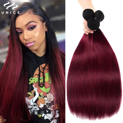 UNICE Hair Ombre Burgundy Straight Human Hair Bundles 3/4 PCS Deal Pre Colored 1B/99J Hair Bundles With Dark Root 8-30 Inch