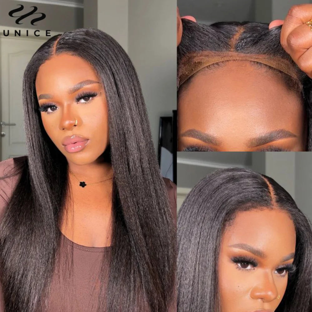 UNice Hair 4C Edges Yaki Straight Lace Wig 7x5 Pre Bleached Pre Cut Lace Closure Wig Human Hair Wear Go Glueless Wig for Women