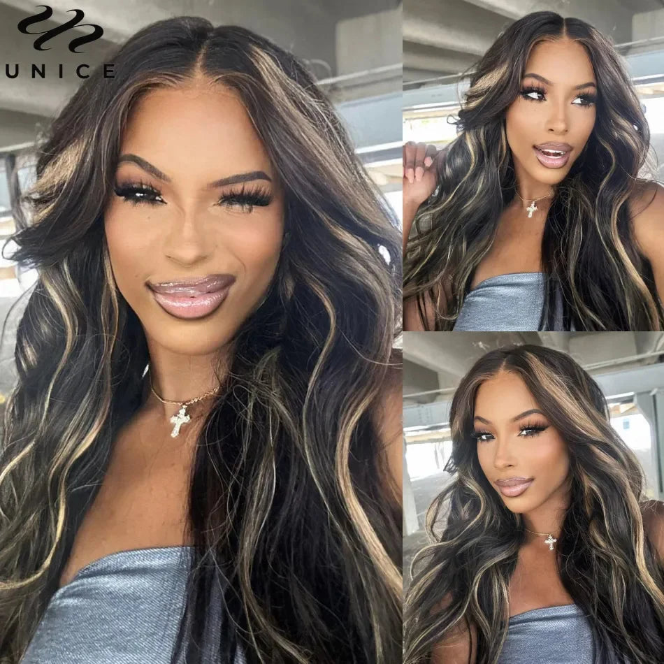 UNice Body Wave Highlight Wig Human Hair 13x4 Lace Frontal Wig Pre Cut Pre Bleached Knots 7x5 Lace Wig Wear Go Glueless Wig