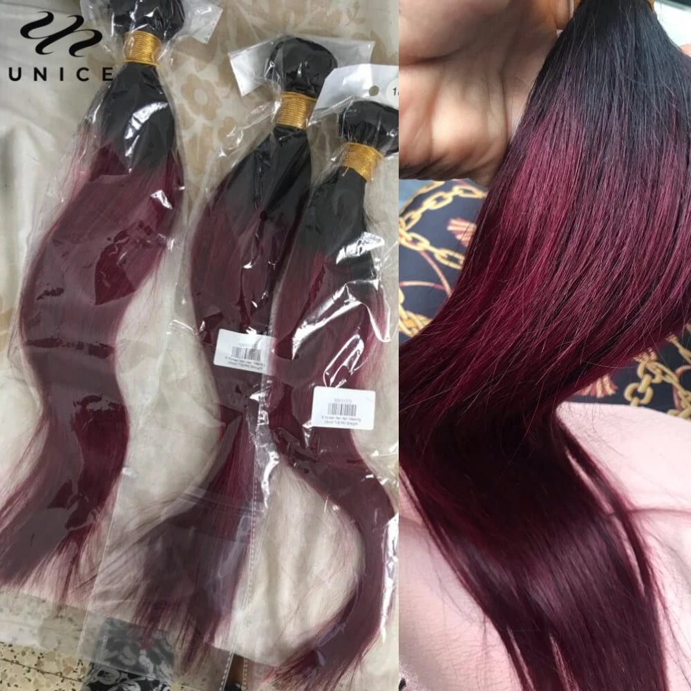 UNICE Hair Ombre Burgundy Straight Human Hair Bundles 3/4 PCS Deal Pre Colored 1B/99J Hair Bundles With Dark Root 8-30 Inch