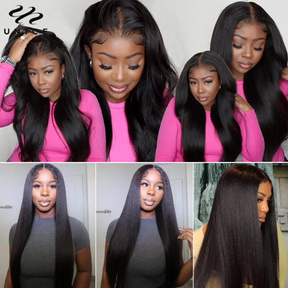 UNice Hair 4C Edges Yaki Straight Lace Wig 7x5 Pre Bleached Pre Cut Lace Closure Wig Human Hair Wear Go Glueless Wig for Women