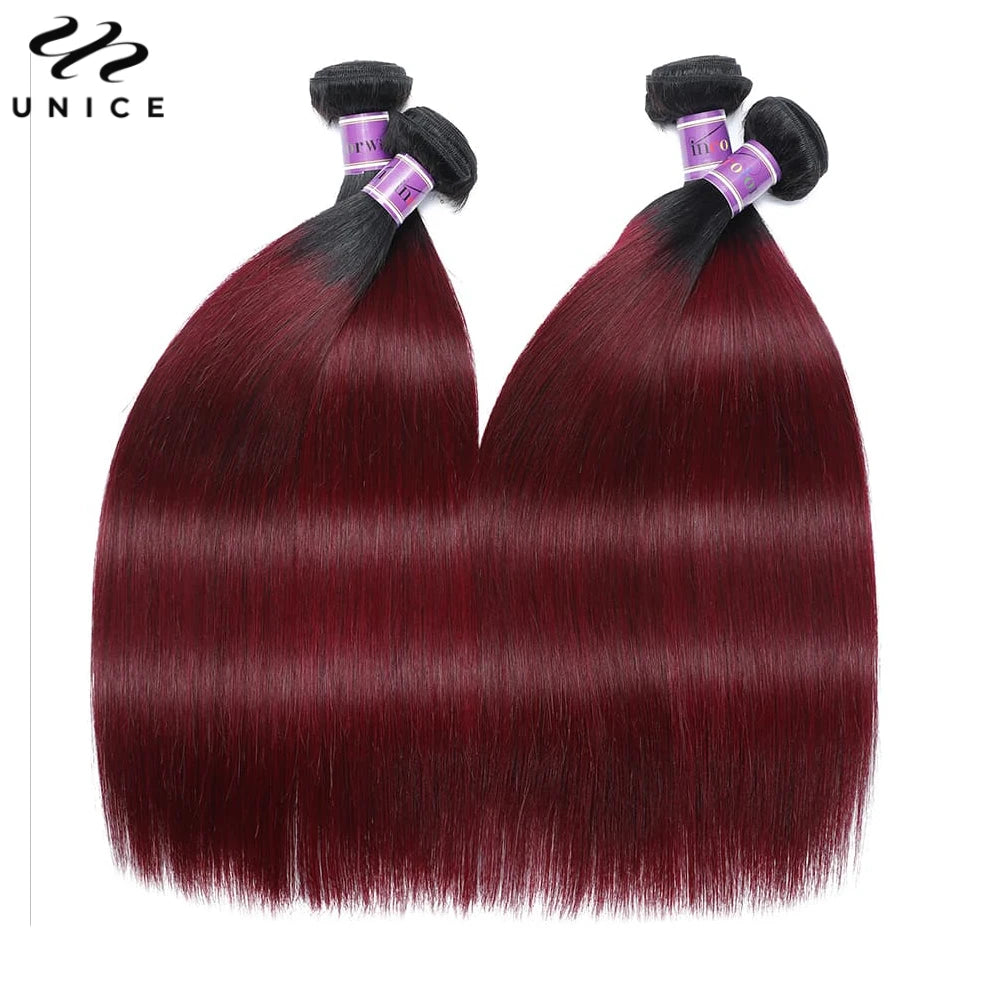 UNICE Hair Ombre Burgundy Straight Human Hair Bundles 3/4 PCS Deal Pre Colored 1B/99J Hair Bundles With Dark Root 8-30 Inch