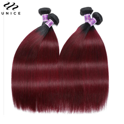 UNICE Hair Ombre Burgundy Straight Human Hair Bundles 3/4 PCS Deal Pre Colored 1B/99J Hair Bundles With Dark Root 8-30 Inch