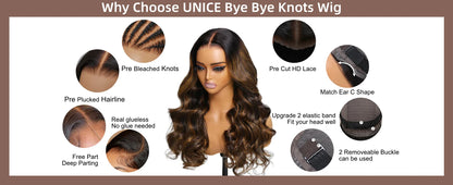 UNice Hair 7x5 Bye Bye Knots Wear Go Glueless Wig Brown Balayage Body Wave Wig Pre Cut Pre Bleached Human Hair Lace Wig 150%