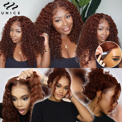 UNice Bye-Bye Knots Wig 7x5 Deep Curly Wear Go Glueless Wig Human Hair Reddish Brown Pre Cut Pre Bleached 13x4 Lace Frontal Wig