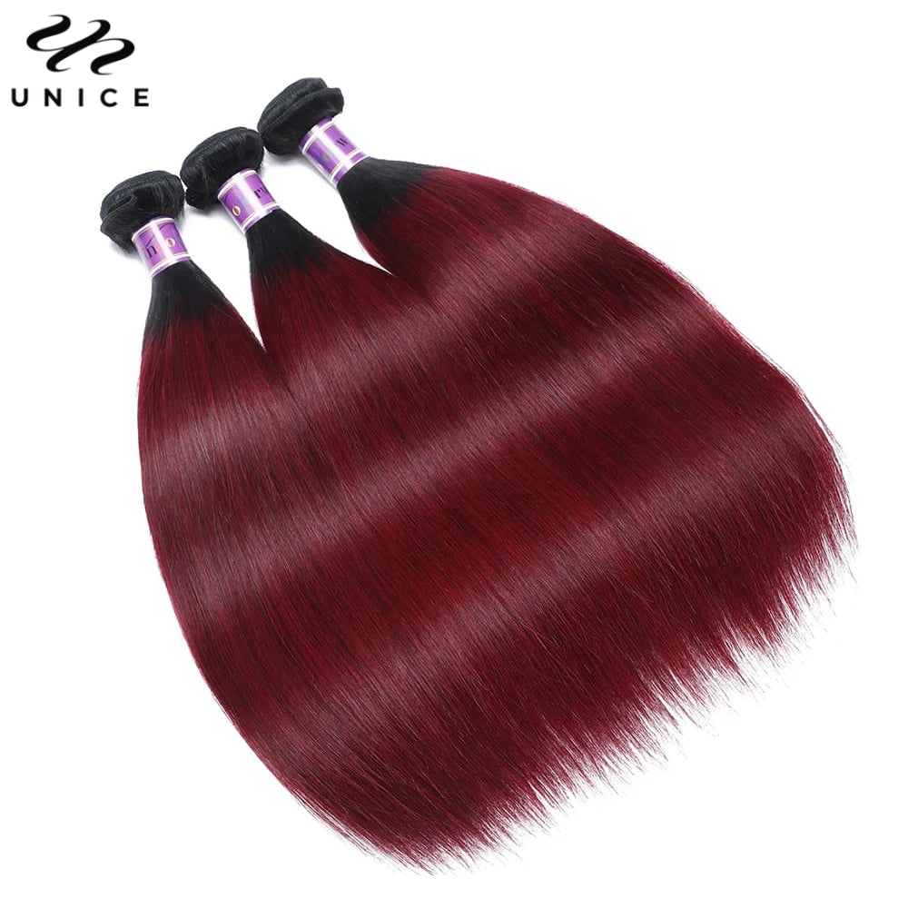 UNICE Hair Ombre Burgundy Straight Human Hair Bundles 3/4 PCS Deal Pre Colored 1B/99J Hair Bundles With Dark Root 8-30 Inch