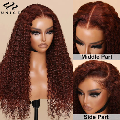 UNice Bye-Bye Knots Wig 7x5 Deep Curly Wear Go Glueless Wig Human Hair Reddish Brown Pre Cut Pre Bleached 13x4 Lace Frontal Wig