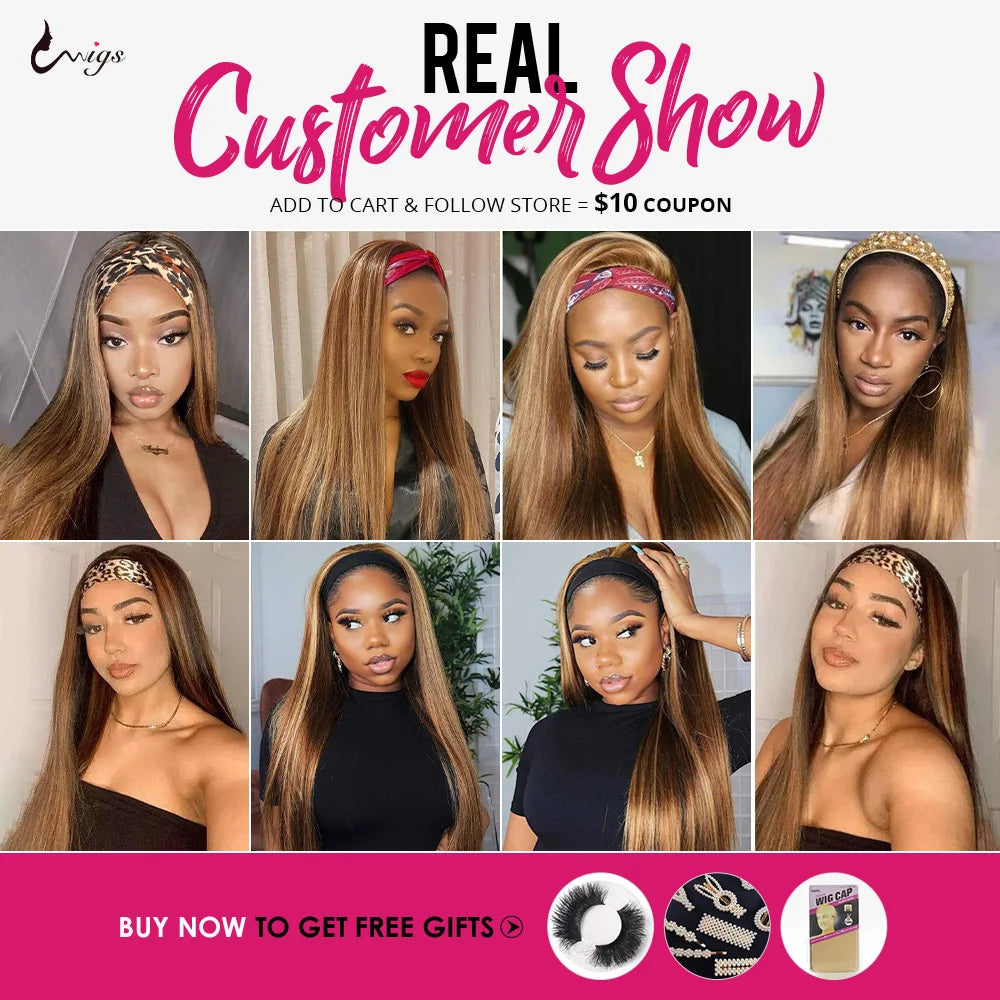 Uwigs 4/27 Highlight Headband Wigs Human Hair 250 Density Straight 100% Human Hair Wigs Full Machine Made Wigs For Women