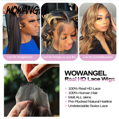 Wow Angel 250% 13x6 HD Lace Front Wig Swiss Lace Melt Skin Pre Plucked Natural Scalp Body Wave Human Hair Wig For Woman Glueless