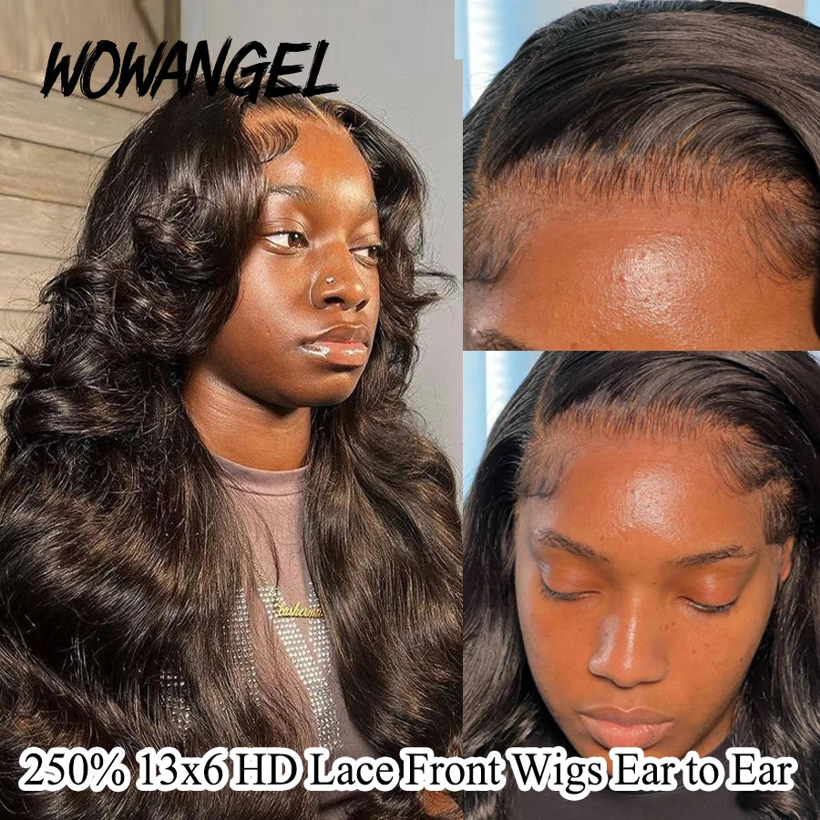 Wow Angel 250% 13x6 HD Lace Front Wig Swiss Lace Melt Skin Pre Plucked Natural Scalp Body Wave Human Hair Wig For Woman Glueless