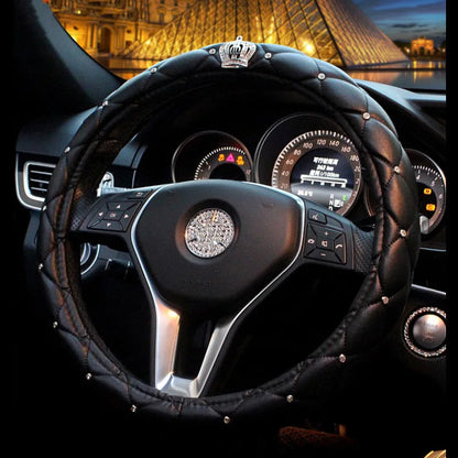 Universal PU Leather Car Steering Wheel Cover Bling Rhinestone Crystal Car Interior Decro with Crystal Crown Accessories Black