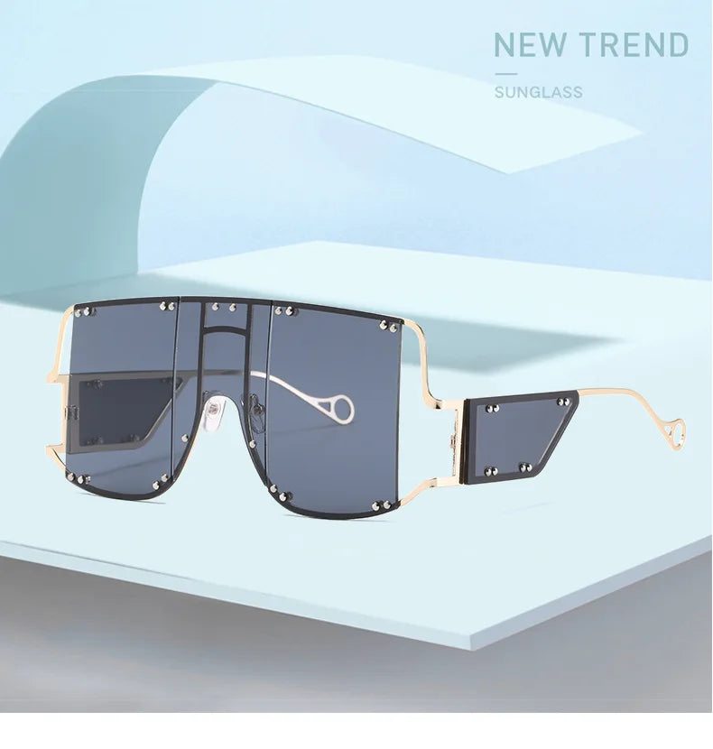 2024 New Metal Rivet Big Frame Oversized Square Sunglasses Women Luxury Brand Gradient Mirror Shades Retro Flat Top Sun Glasses