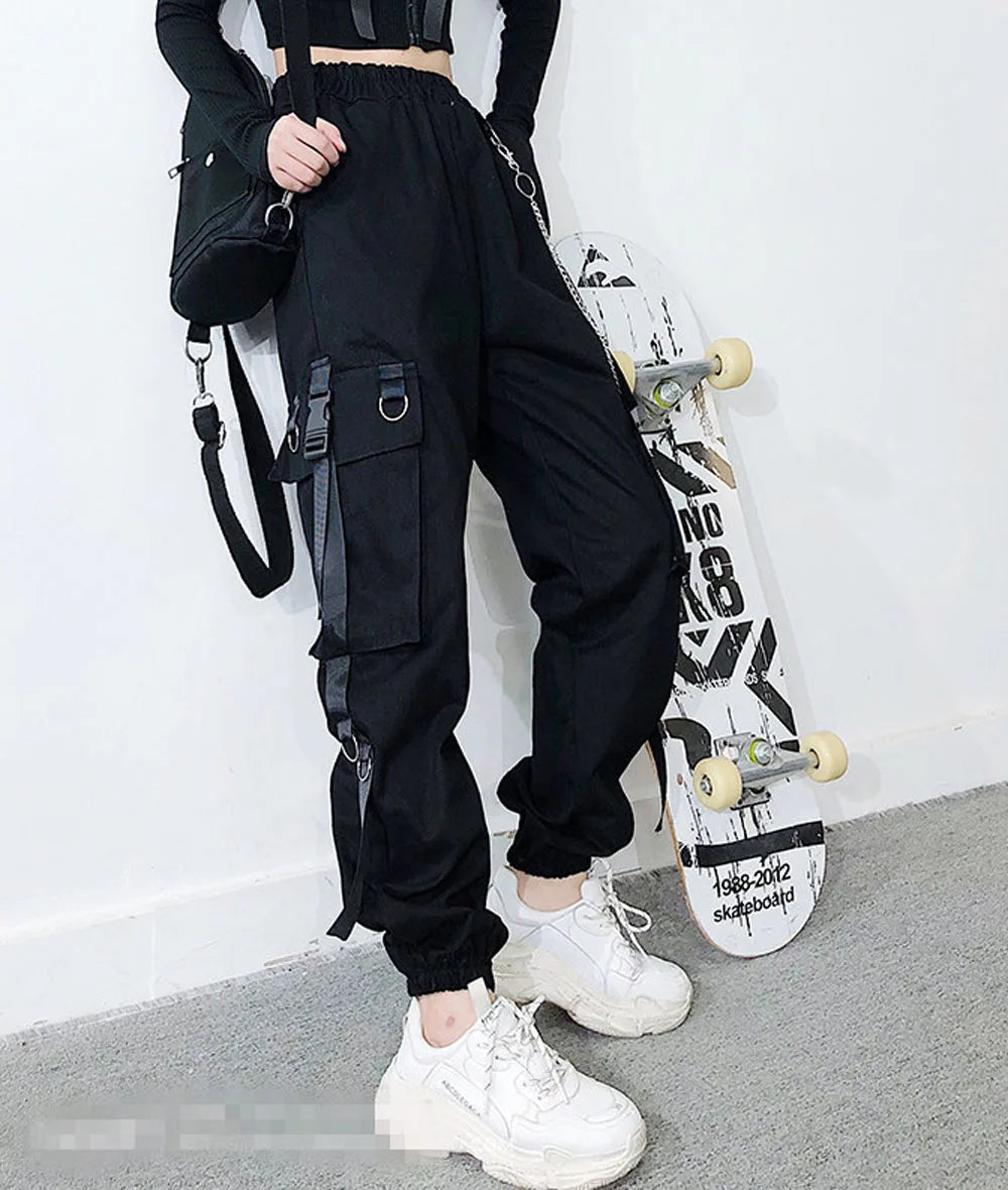 Women Cargo Pants 2023 Harem Pants Fashion Punk Pockets Jogger Trousers With Chain Harajuku Elastics High Waist Streetwear