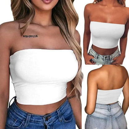 Women Sexy Strapless Off Shoulder Crop Tube Top Solid Color Stretchy Bandeau Seamless Casual Basic Breast Wrap No-Padded Bra