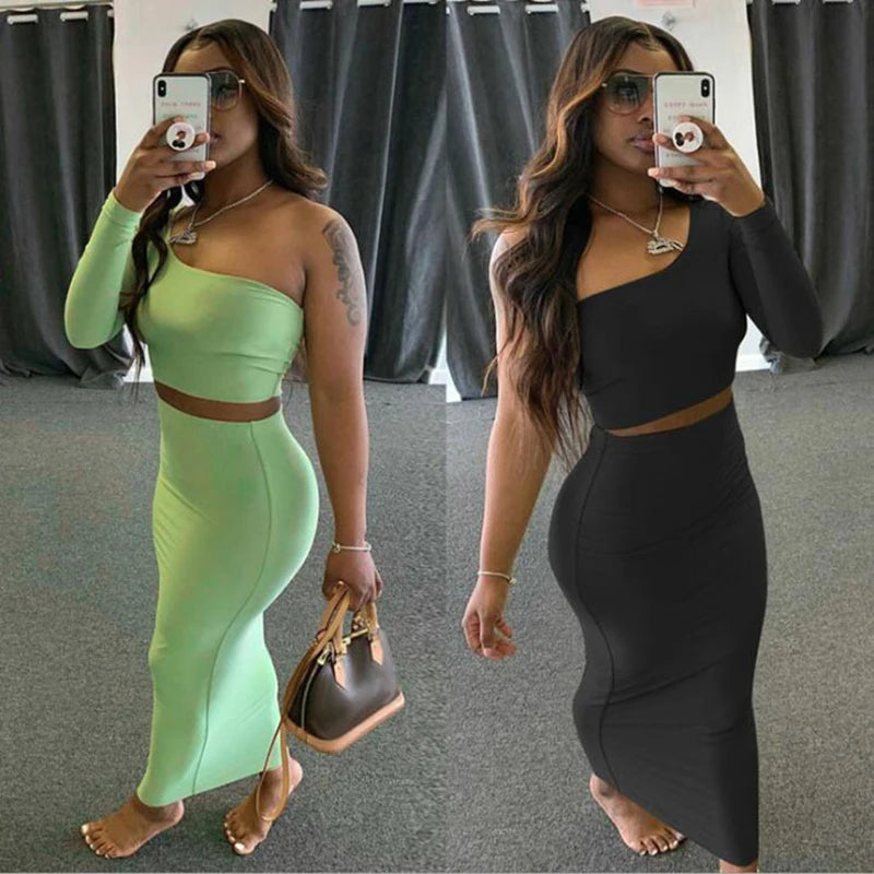 2 Piece Set Skirt and One Shoulder Long Sleeve Crop Top Fall Clothes for Women 2021 Fashion Sexy Club Outfits