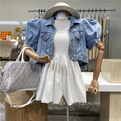 Women Short Denim Jacket Autumn  Puff Sleeve Crop Top