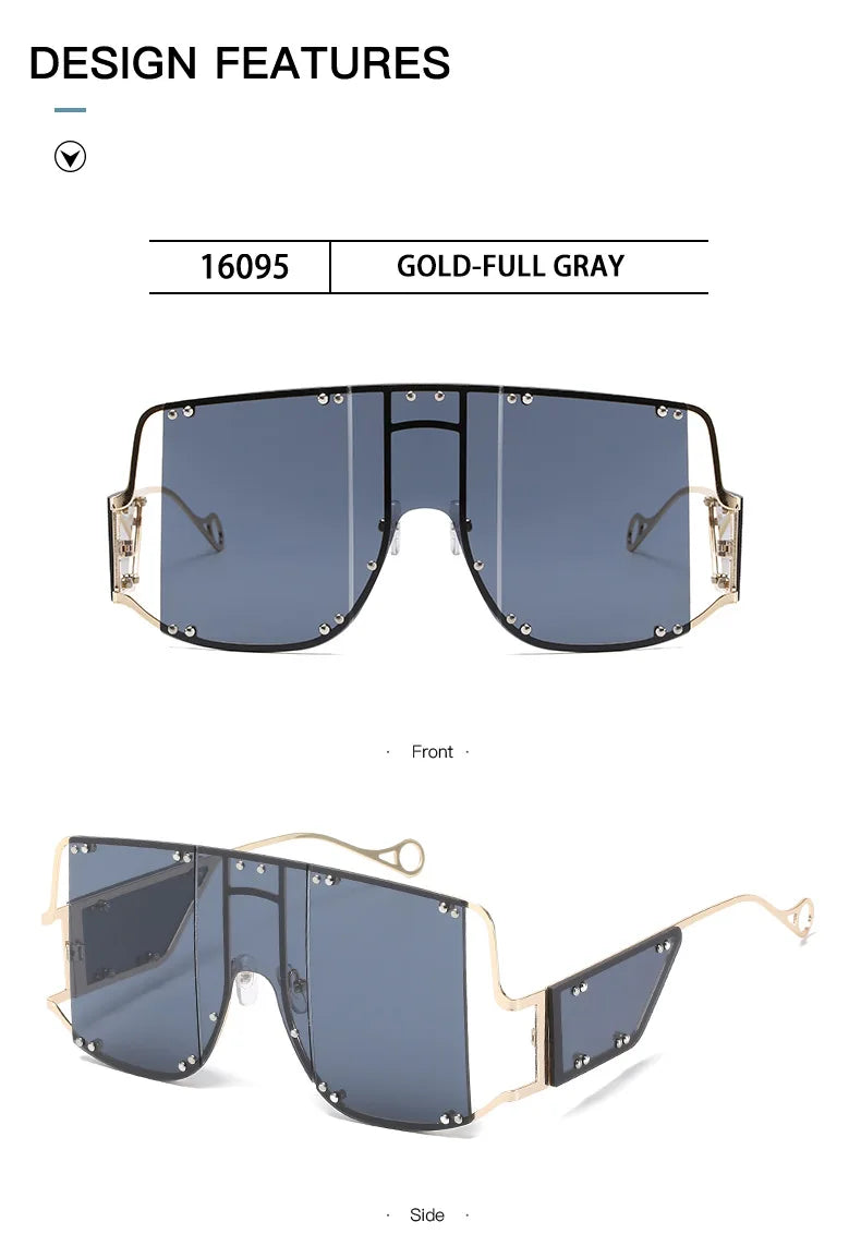 2024 New Metal Rivet Big Frame Oversized Square Sunglasses Women Luxury Brand Gradient Mirror Shades Retro Flat Top Sun Glasses