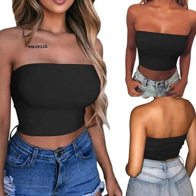 Women Sexy Strapless Off Shoulder Crop Tube Top Solid Color Stretchy Bandeau Seamless Casual Basic Breast Wrap No-Padded Bra