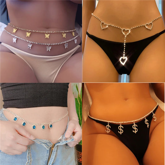 Dropship Fashion Rhinestone Body Jewelry Butterfly Waist Chain Belt for Women Cute Heart Belly Chain Money Waist Chain