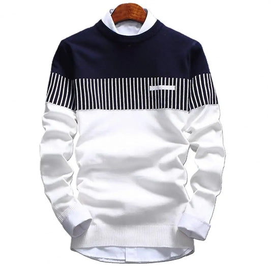 Fashion Men Color Block Patchwork O Neck Long Sleeve Knitted Sweater Top Blouse