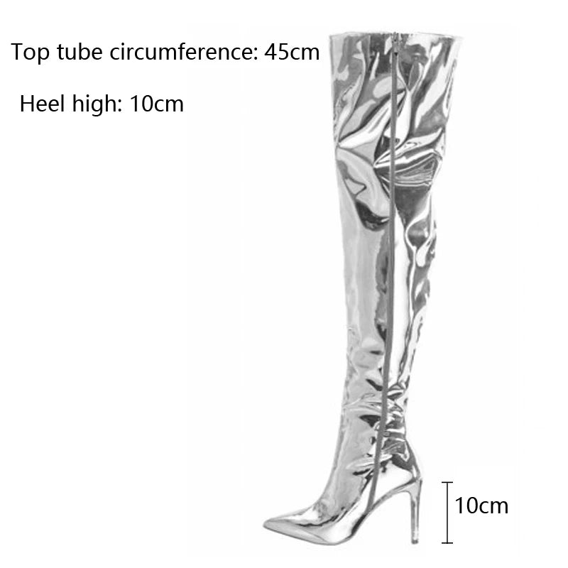 Women Boots Mirror Platform Pointy Toe Punk High Thin Heels Over the Knee Long Boots Autumn Winter Zip Silver Casual Party Shoes