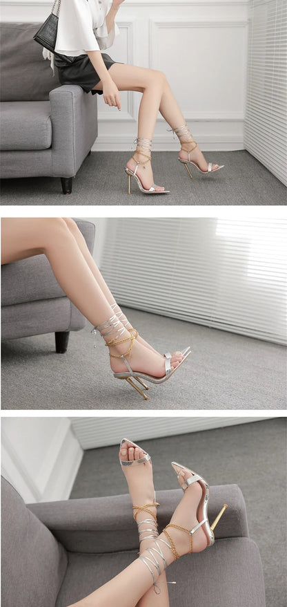 Women's Sandals High Heels 12CM New Chain Ankle Strap Gold White Pointed Toe Female Party Shoes Sandalias de mujer Size 35-42