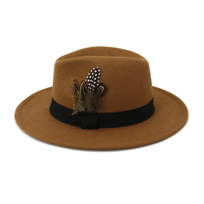 yellow feather Fedoras men fedora hat men panama  top cap unisex hat  Military color fedoras large brim hat church hat party hat