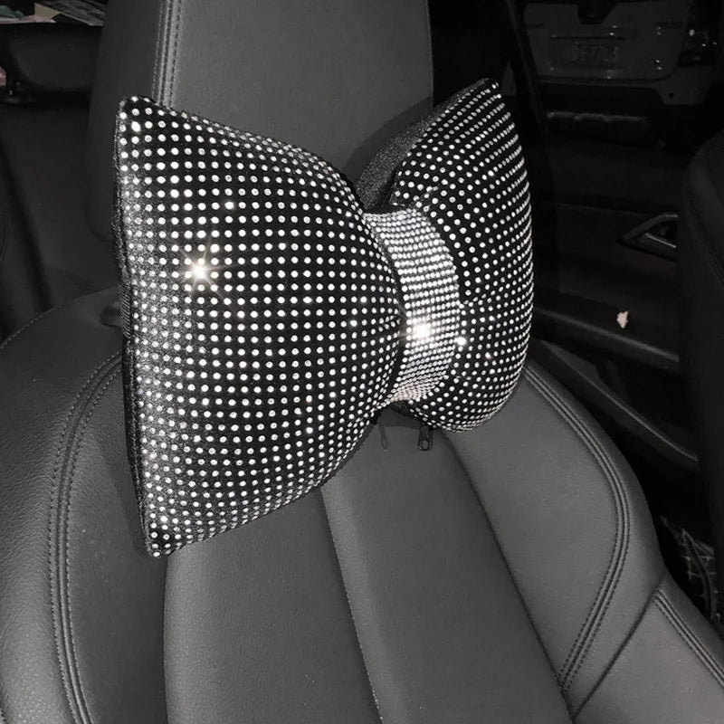 1PC Diamond Crystal Bowknot Car Neck Pillow Rhinestone Auto Headrest Seat Support Waist Pillows Bling Car Accessories for Women