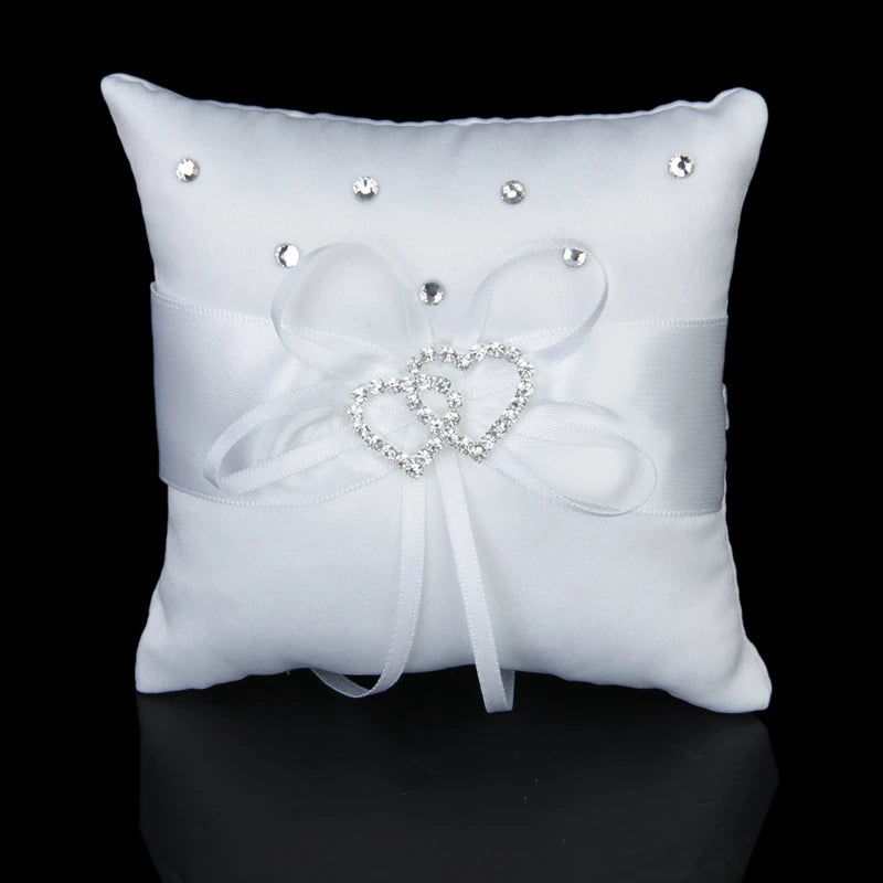 White Double Heart Rhinestone Ring Pillow Wedding Ring Bearer Cushion 10*10cm