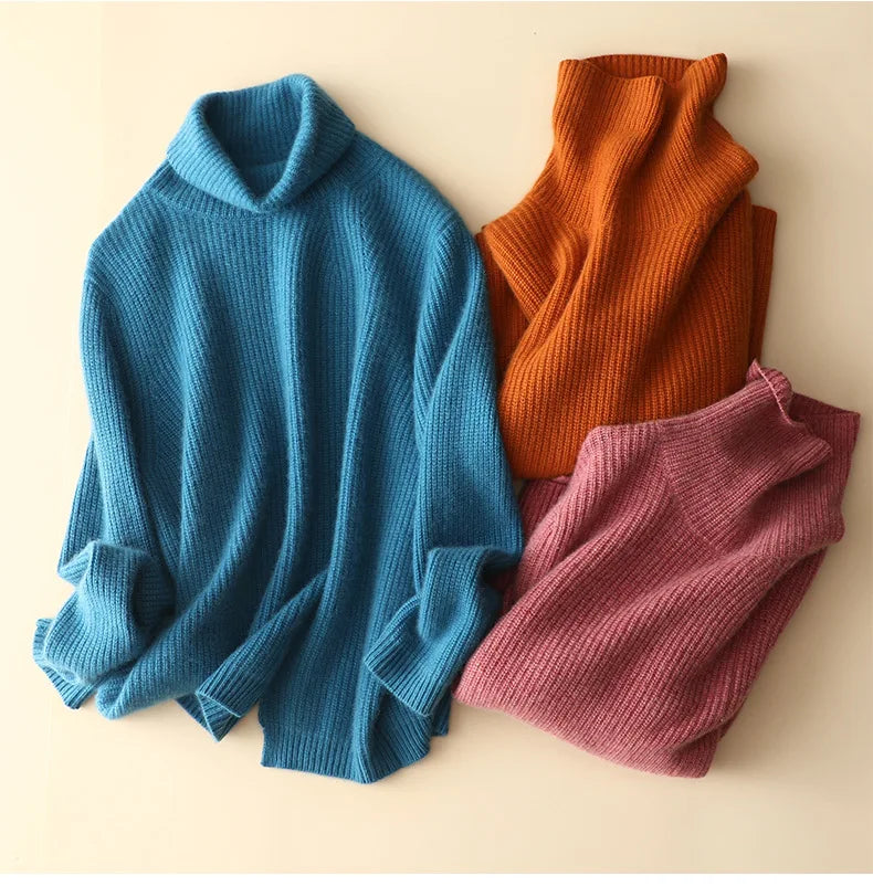 winter new chunky knit 100% cashmere turtleneck loose sweater knitwear women fashion warm jumper