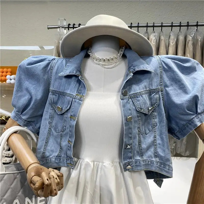 Women Short Denim Jacket Autumn  Puff Sleeve Crop Top