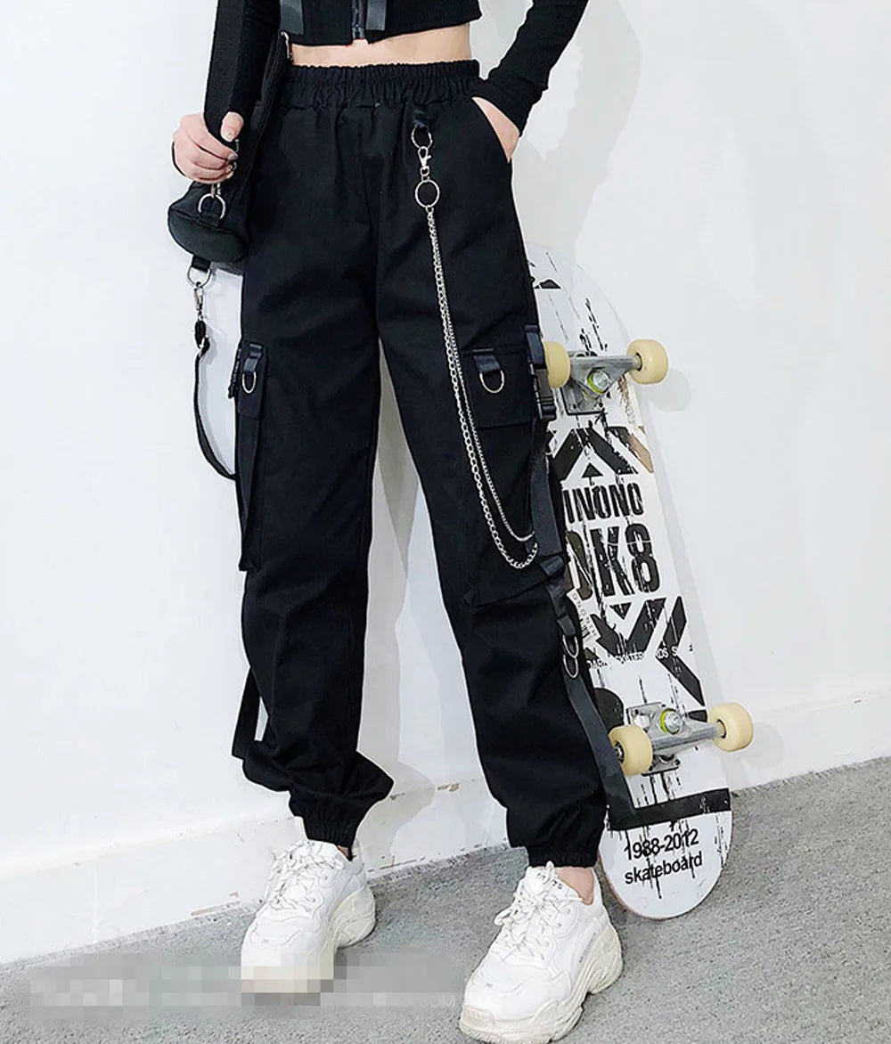 Women Cargo Pants 2023 Harem Pants Fashion Punk Pockets Jogger Trousers With Chain Harajuku Elastics High Waist Streetwear