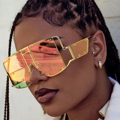 2024 New Metal Rivet Big Frame Oversized Square Sunglasses Women Luxury Brand Gradient Mirror Shades Retro Flat Top Sun Glasses