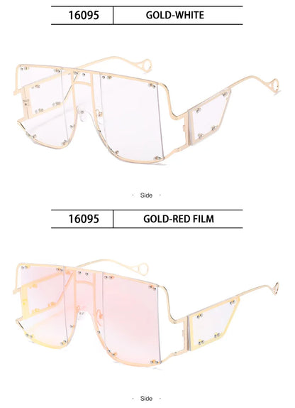 2024 New Metal Rivet Big Frame Oversized Square Sunglasses Women Luxury Brand Gradient Mirror Shades Retro Flat Top Sun Glasses