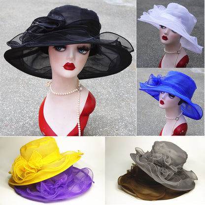 2021 Women elegant Sun Hats Wide Brim Sun Church Dress Wedding Derby Party Beach Floral multi-layered Organza Hat