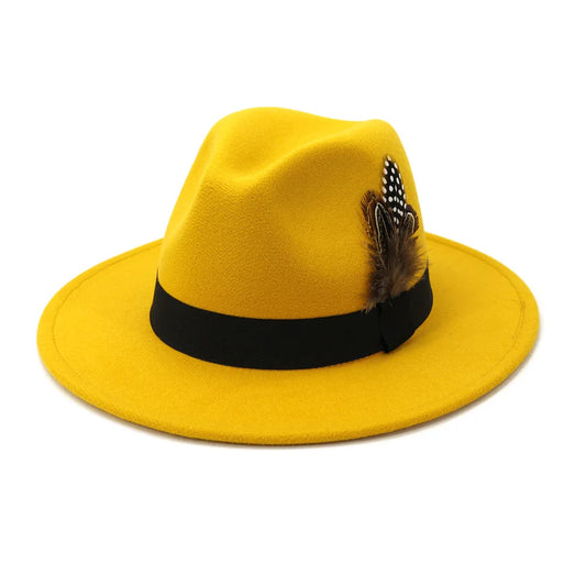 yellow feather Fedoras men fedora hat men panama  top cap unisex hat  Military color fedoras large brim hat church hat party hat