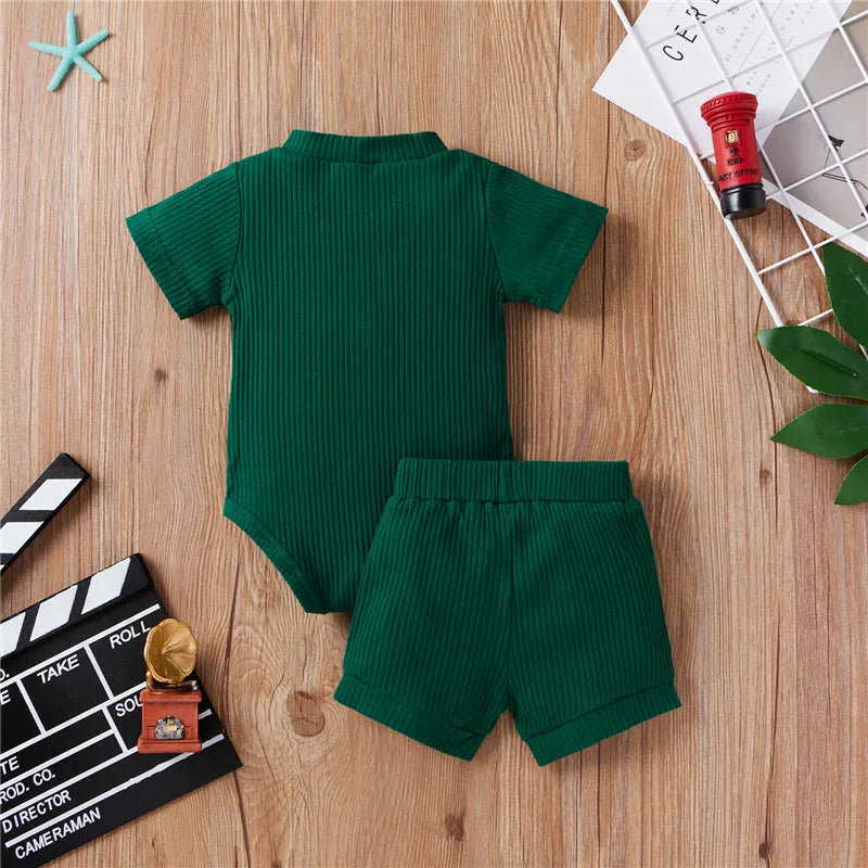 2Pcs Unisex Baby Summer Outfits Suit Solid Color Ribbed Casual Short Sleeves Romper+Elastic Waist Shorts for Toddler Infant - MAGUSTA BEAUTY