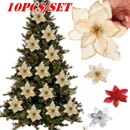 10Pcs Large Sequins Christmas Flower Glitter Poinsettia 5.5inch Artificial Flowers Christmas Tree Ornaments Home Decorations