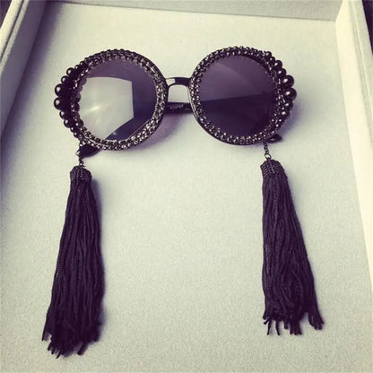 Baroque round sunglasses women tassel pearl rhinestones decoration sun glasses large frame round glasses female sunglasses