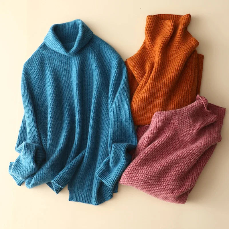 winter new chunky knit 100% cashmere turtleneck loose sweater knitwear women fashion warm jumper